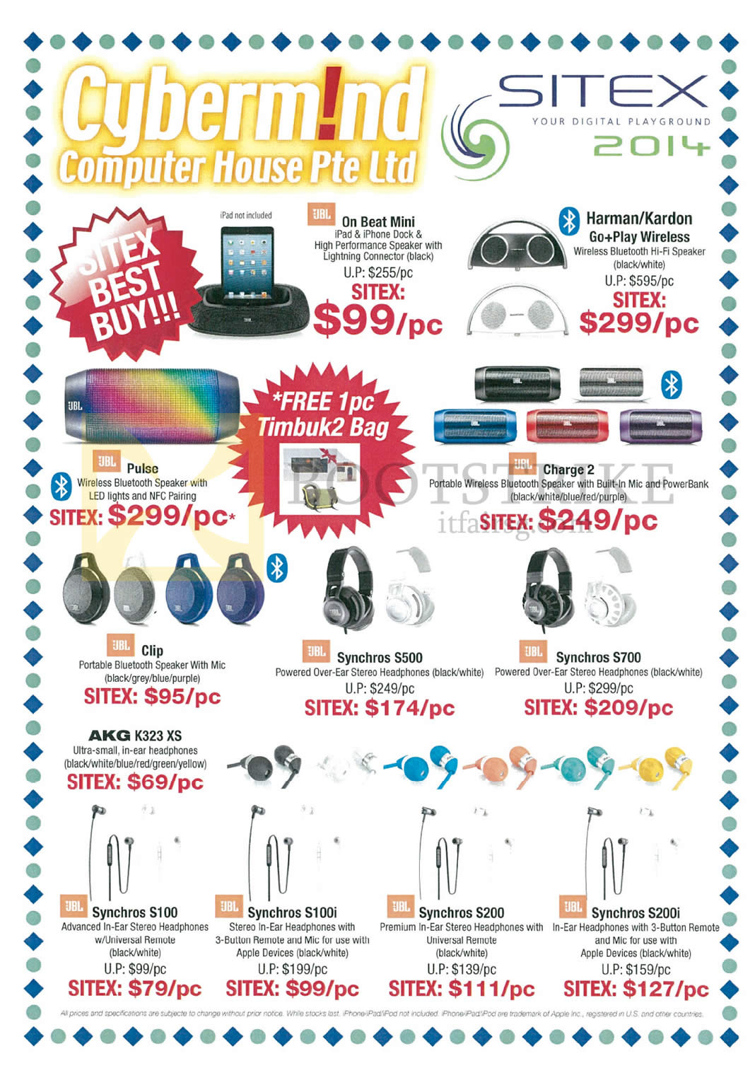 SITEX 2014 price list image brochure of Cybermind Audio JBL, Harman Kardon, On Beat Mini, Pulse Speaker, Charge 2, Clip, Synchros