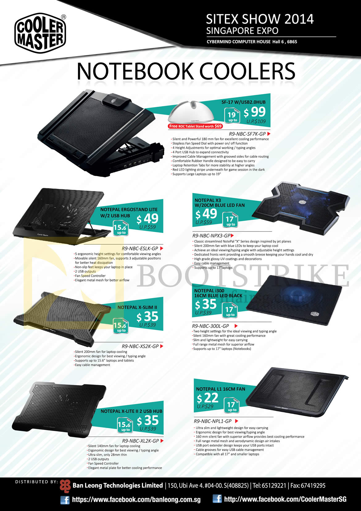 SITEX 2014 price list image brochure of Cybermind Cooler Master Notebook Coolers SF-17 WUSB2.0HUB, R9-NBC-SF7K-GP, Notepal X3 W20CM Fan, Ergostand Lite W2 USB Hub, X-Slim II, I300 16CM LED