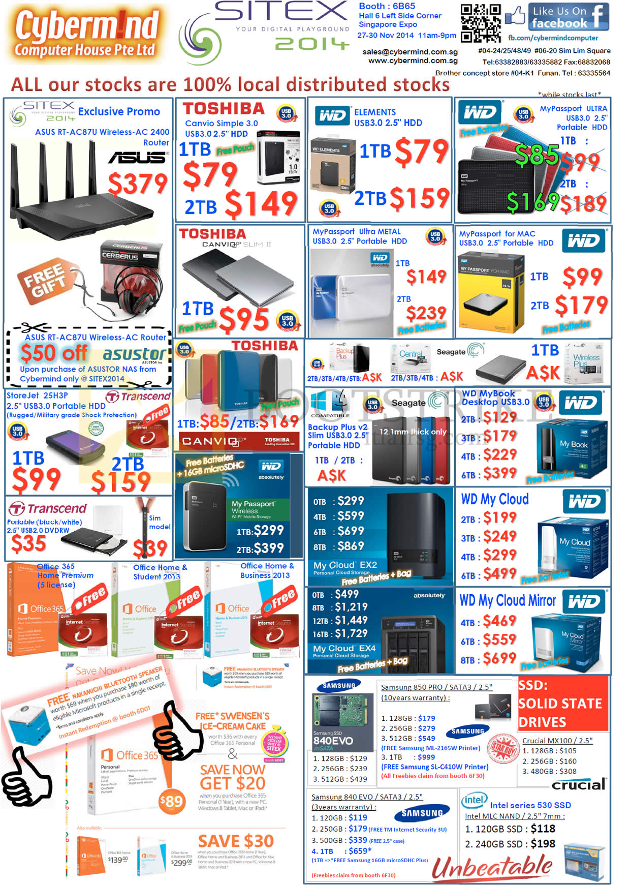 SITEX 2014 price list image brochure of Cybermind External Storage Drives Toshiba WD, Passport, My Cloud, Samsung EVO SSD, Crucial, Office 365, ASUS RT-AC87U Router