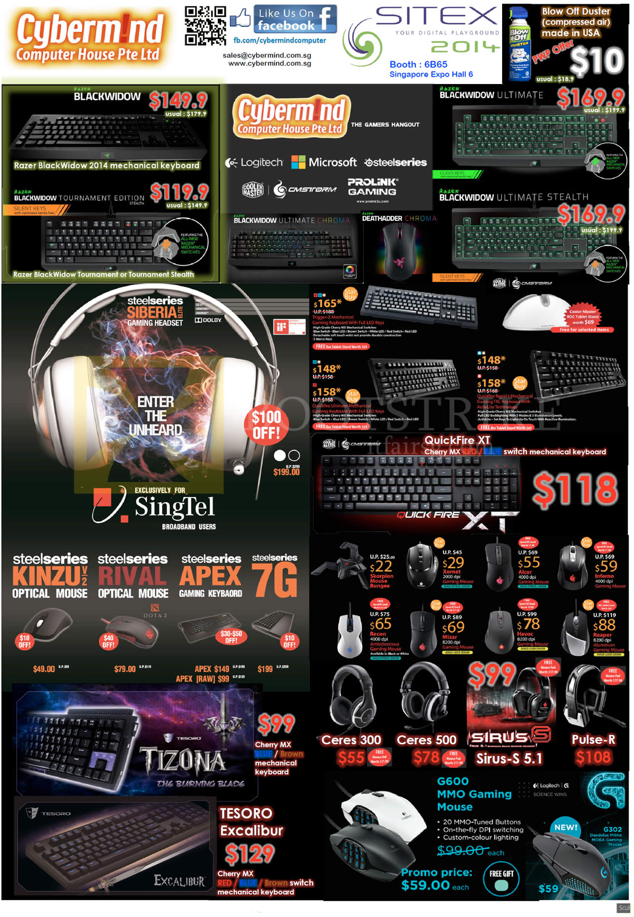 SITEX 2014 price list image brochure of Cybermind Keyboards Mouse, Razer, Logitech, Blackwidow, Steelseries Ceres, Sirus, Tesoro, Tizona, QuickFire XT