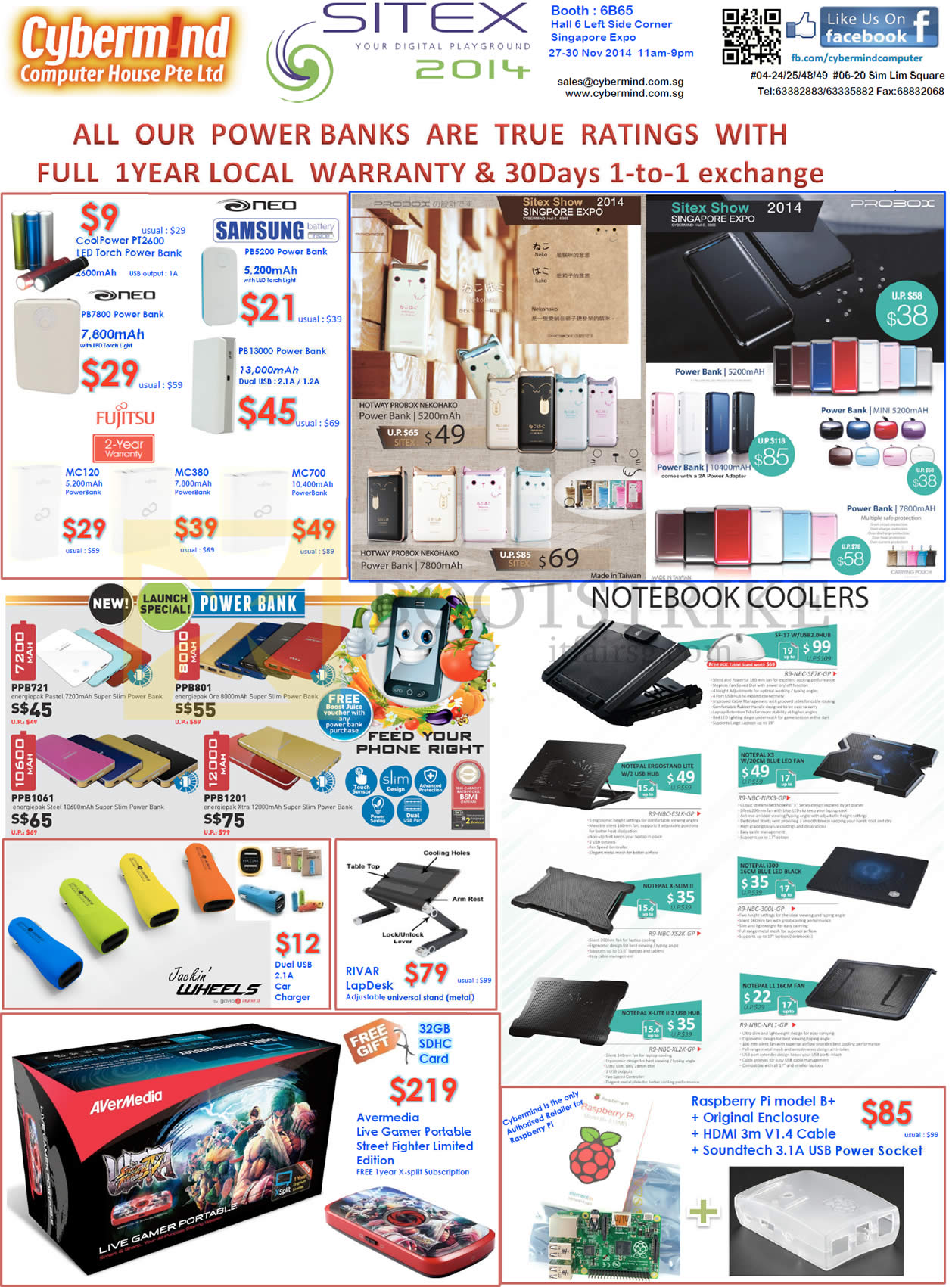 SITEX 2014 price list image brochure of Cybermind Power Banks Samsung Neo, Fujitsu, Probox, Cooler Master, Jackin Wheels, Avermedia Live Gamer Portable Street Fighter Edition, Raspberry PI