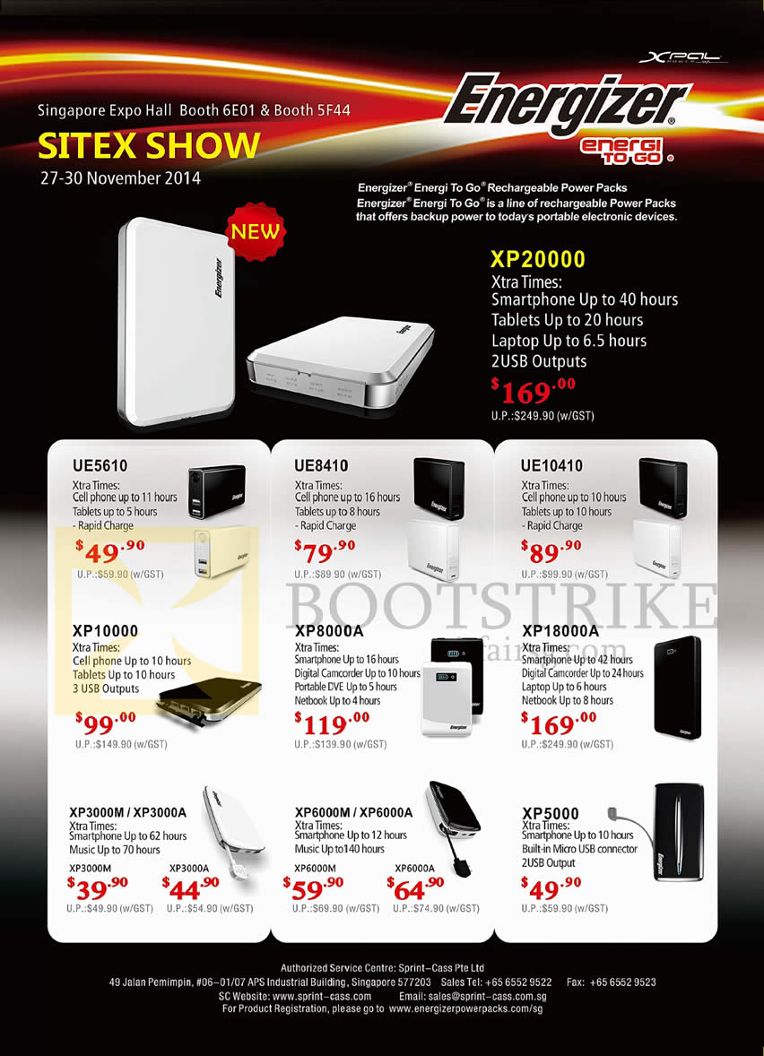 SITEX 2014 price list image brochure of Energizer External Chargers Epicentre Alcom XP20000, UE5610, UE8410, UE10410, XP10000, XP8000A, XP18000A, XP3000M, XP3000A, XP6000M, XP6000A, XP5000