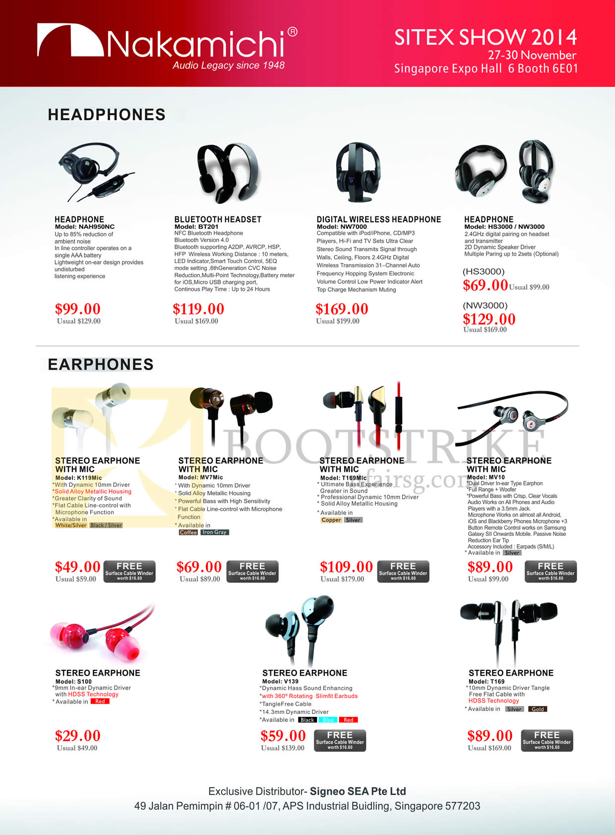 SITEX 2014 price list image brochure of Epicentre Nakamichi Headphones, Earphones, Bluetooth Headset, NAH950NC, BT201, NW7000, HS3000, NW3000, MV10, T169Mic, MV7Mic, K119Mic, T169, V139, S100