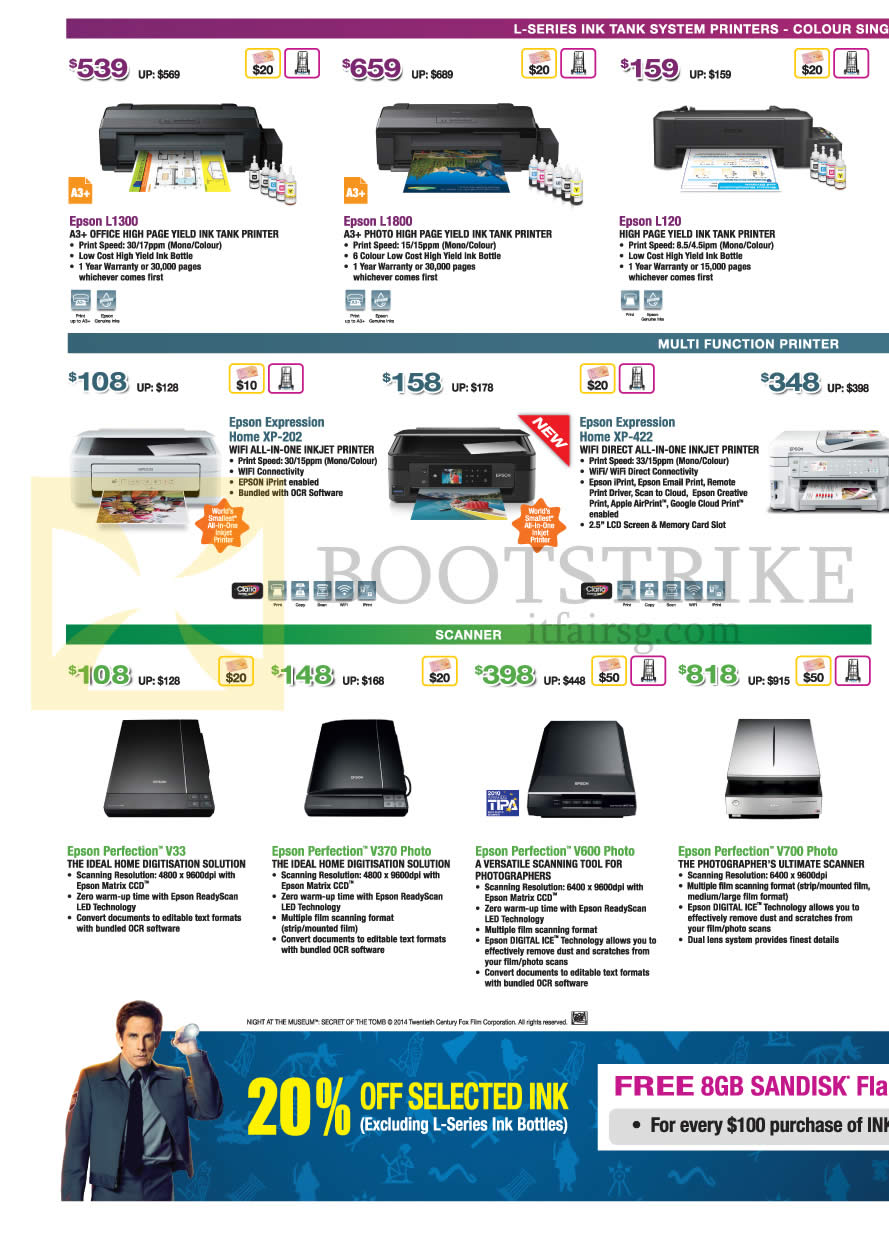 SITEX 2014 price list image brochure of Epson Printers, Scanners, L1300, L1800, L120, Expression Home XP-422, XP-202, Perfection V33, V370 Photo, V600 Photo, V700 Photo