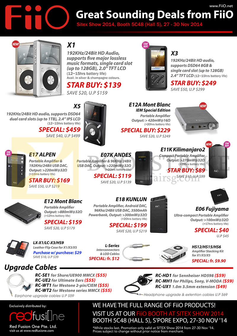 SITEX 2014 price list image brochure of FiiO Red Fusion MP3 Player, Amplifier, X1, X3, X5, E12A Mont Blanc, E17 Alpen, E07K Andes, E11K Kilimanjaro2, E12 Mont Blanc, E18 Kunlun, E06 Fujiyama, LX-X1, LC X3, HS12, RC-SE1