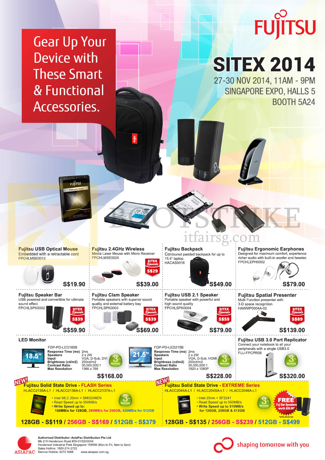 SITEX 2014 price list image brochure of Fujitsu Accessories Mouse, Speaker, Backpack, Earphones, USB Port Replicator, LED Monitor