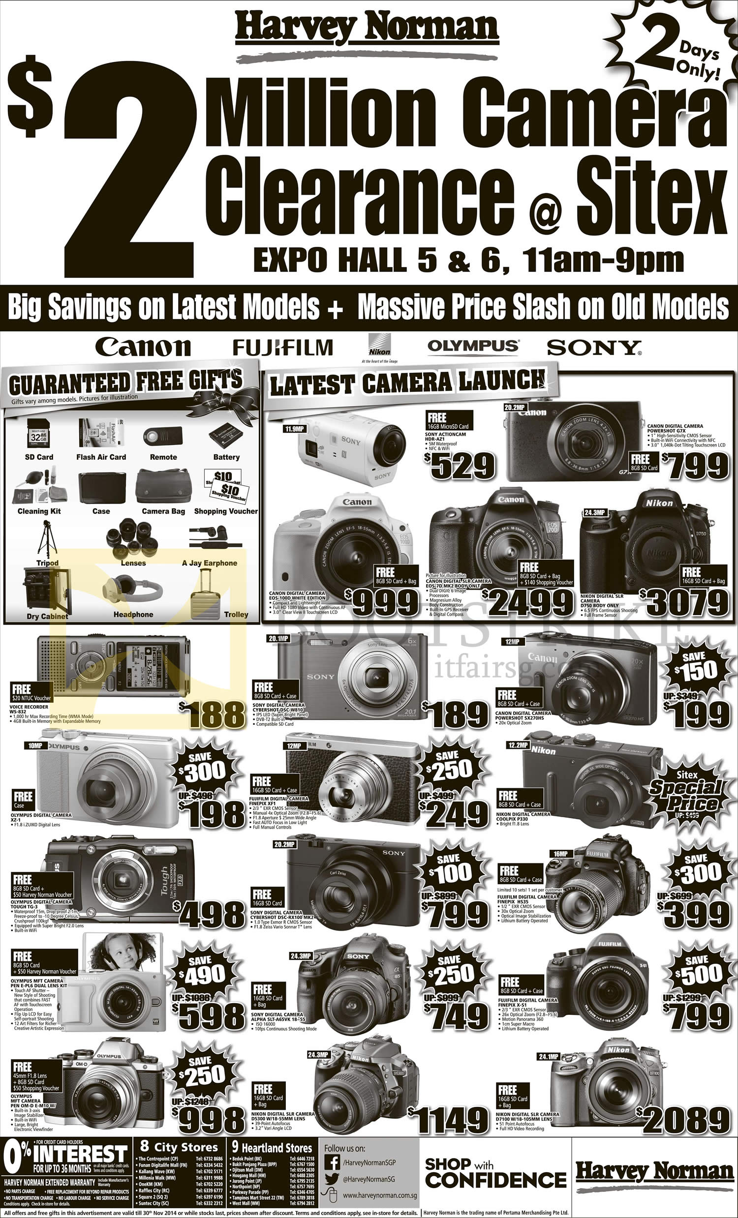 SITEX 2014 price list image brochure of Harvey Norman Digital Cameras, Camcorders, Sony, Canon, Nikon, Olympus, Fujifilm HS35, G7X, EOS 7D, D750, 100D, SX270HS, P330, XF1