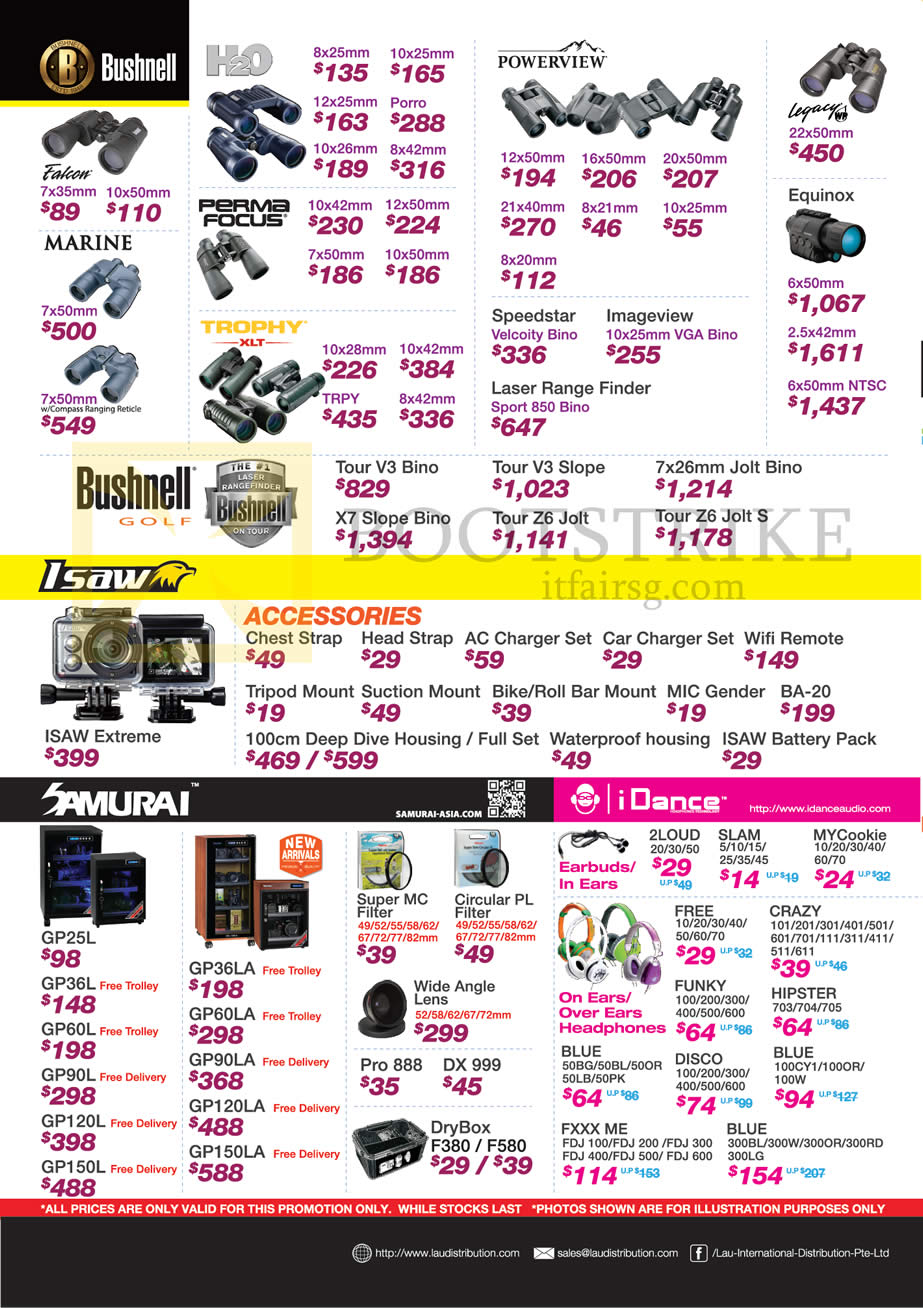 SITEX 2014 price list image brochure of Lau Intl Bushnell Binoculars, Isaw, Samurai, IDance