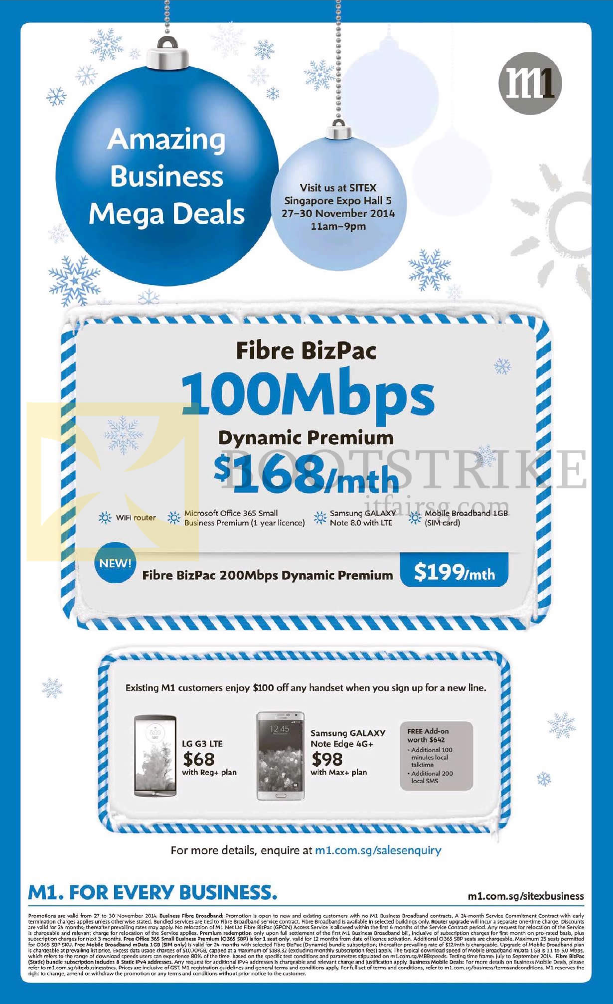 SITEX 2014 price list image brochure of M1 Business Fibre BizPac 100Mbps Dynamic Premium, LG G3, Samsung Galaxy Note Edge