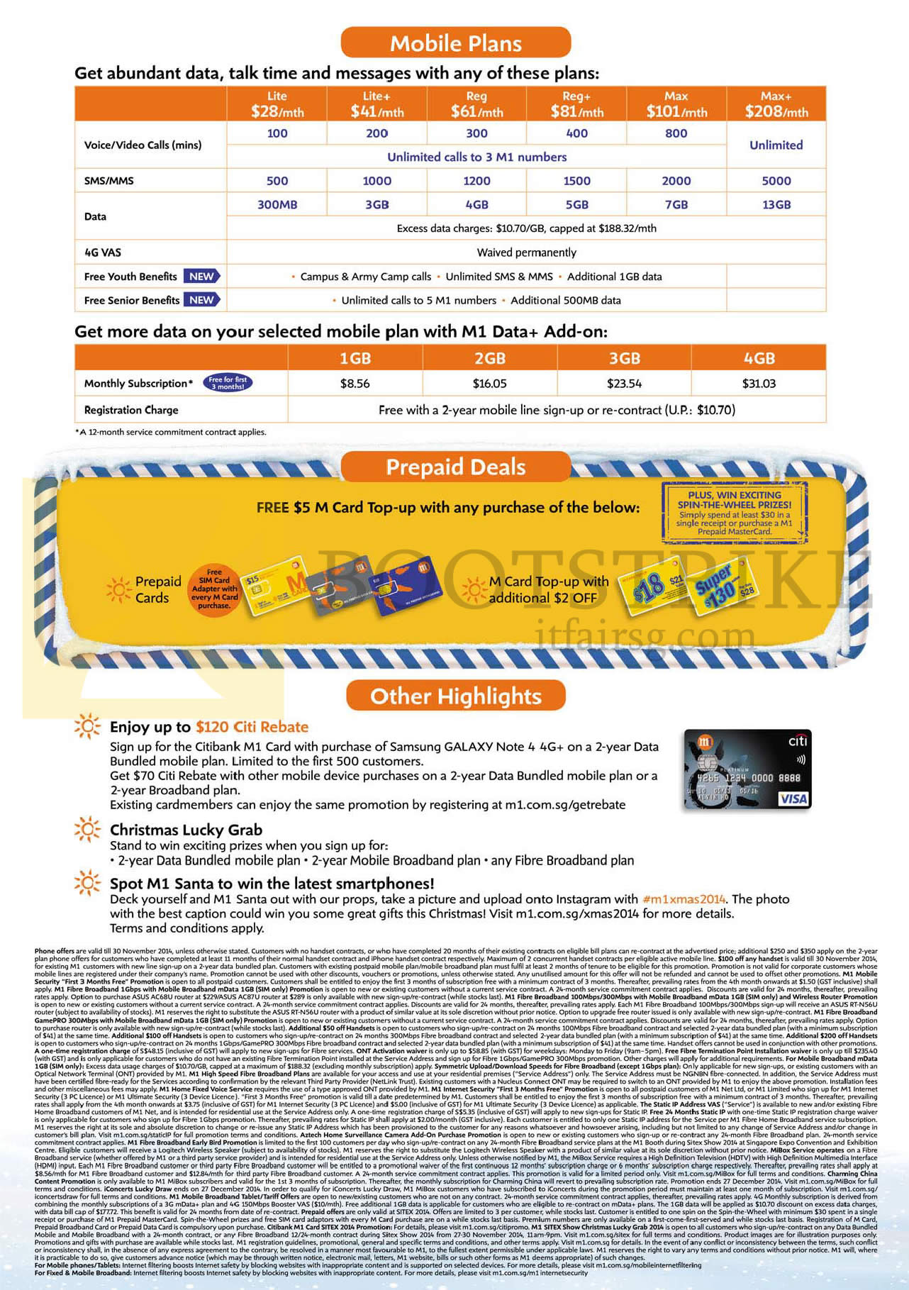 SITEX 2014 price list image brochure of M1 Mobile Plans, Prepaid, Citi Rebate, Lucky Grab, M1 Santa, Lite, Lite Plus, Reg, Reg Plus, Max, Max Plus