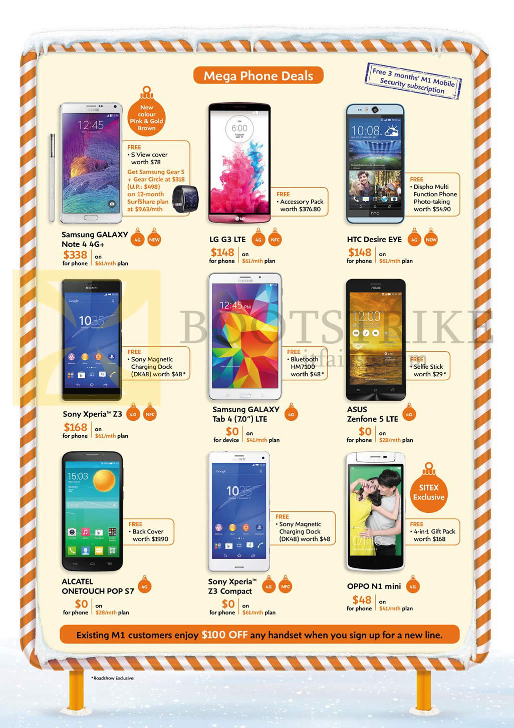 SITEX 2014 price list image brochure of M1 Mobile Samsung Galaxy Note 4, Tab 4 7.0, LG G3, HTC Desire Eye, Sony Xperia Z3, Xperia Z3 Compact, Asus Zenfone 5, Alcatel Onetouch Pop S7, Oppo N1 Mini