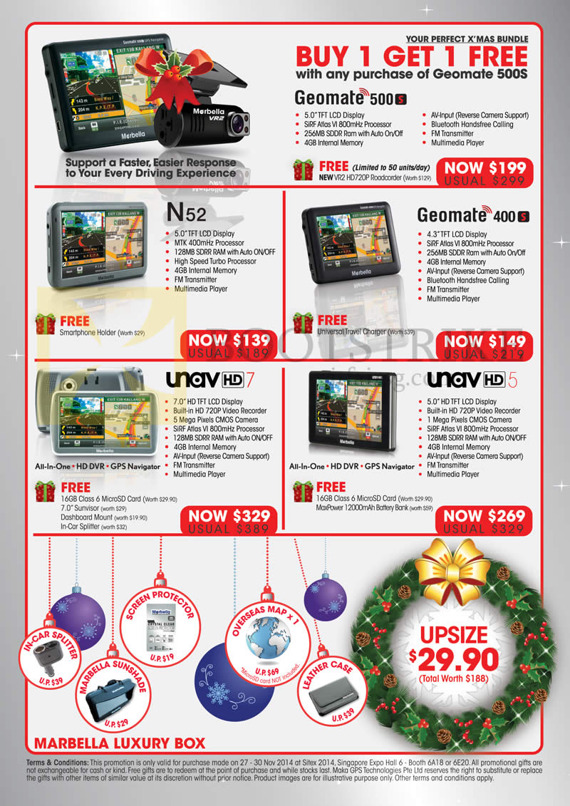 SITEX 2014 price list image brochure of Maka GPS Marbella Navigators, Geomate 500s, N52, Geomate 400S, Unav HD7, Unav HD5