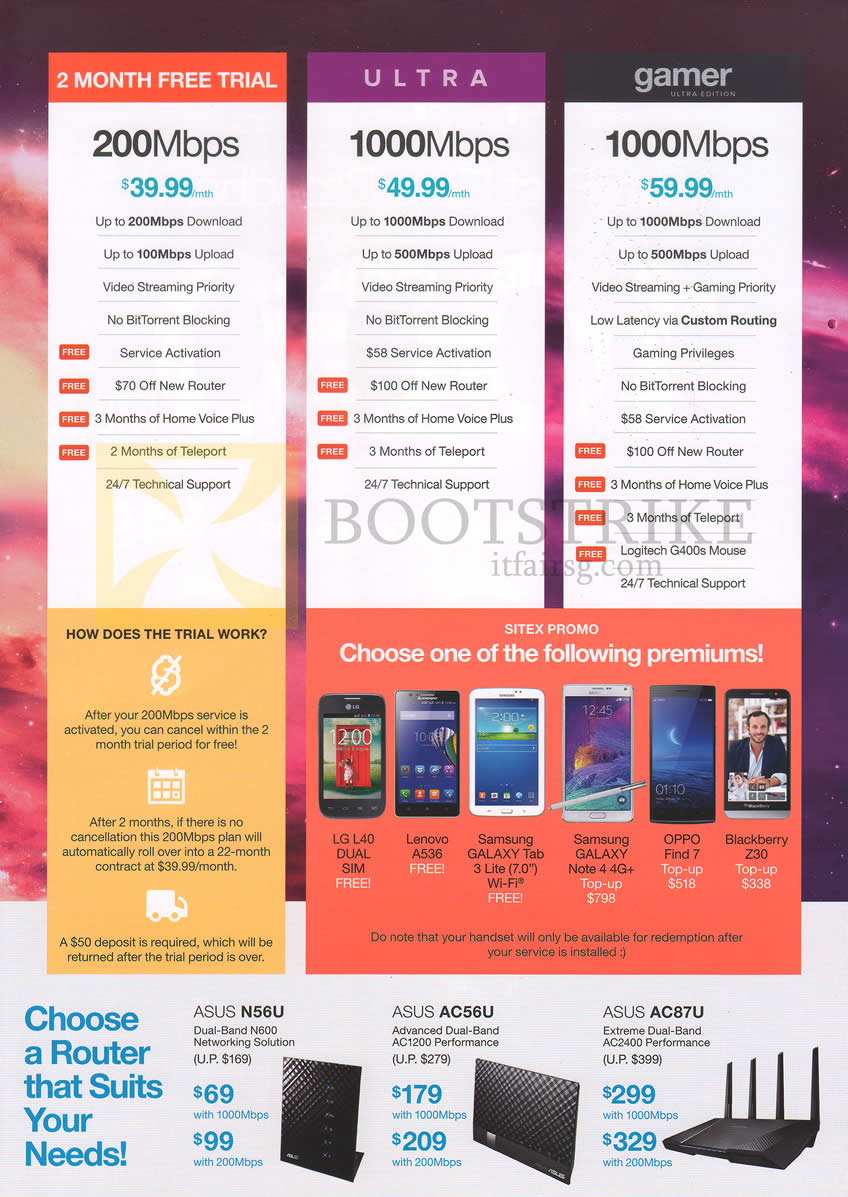 SITEX 2014 price list image brochure of MyRepublic Fibre Broadband Plans, Routers, 39.99 200Mbps, 1000Mbps Ultra, 1000Mbps Gamer, Asus N56U, AC56U, AC87U, ASUS Router