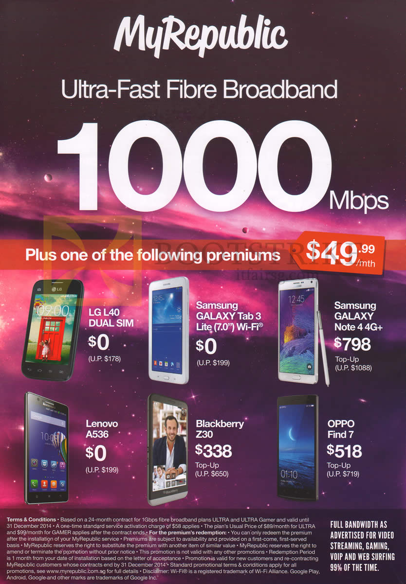 SITEX 2014 price list image brochure of MyRepublic Mobile Phones, 1000Mbps Fibre Broadband, LG L40 Dual Sim, Samsung Galaxy Tab 3 Lite 7.0, Note 4, Lenovo A536, Blackberry Z30, Oppo Find 7