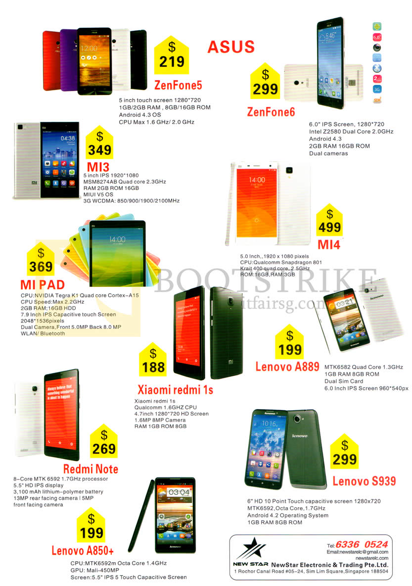 SITEX 2014 price list image brochure of New Star Electronic Asus Zenfone 5, 6, Xiaomi Mi 3, Mi 4, Mi Pad, Xiaomi Redmi 1s, Lenovo A889, S939, A850Plus, Redmi Note