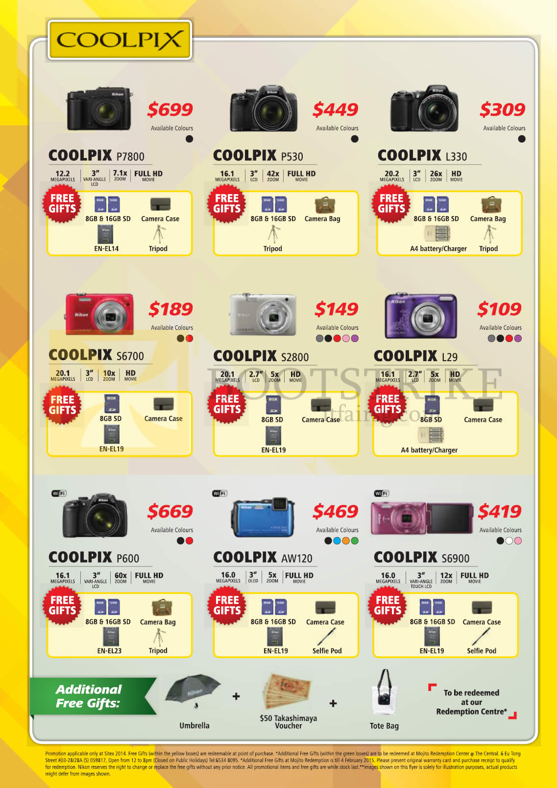 SITEX 2014 price list image brochure of Nikon Digital Cameras Coolpix P7800, P530, L330, S6700, S2800, L29, P600, AW120, S6900