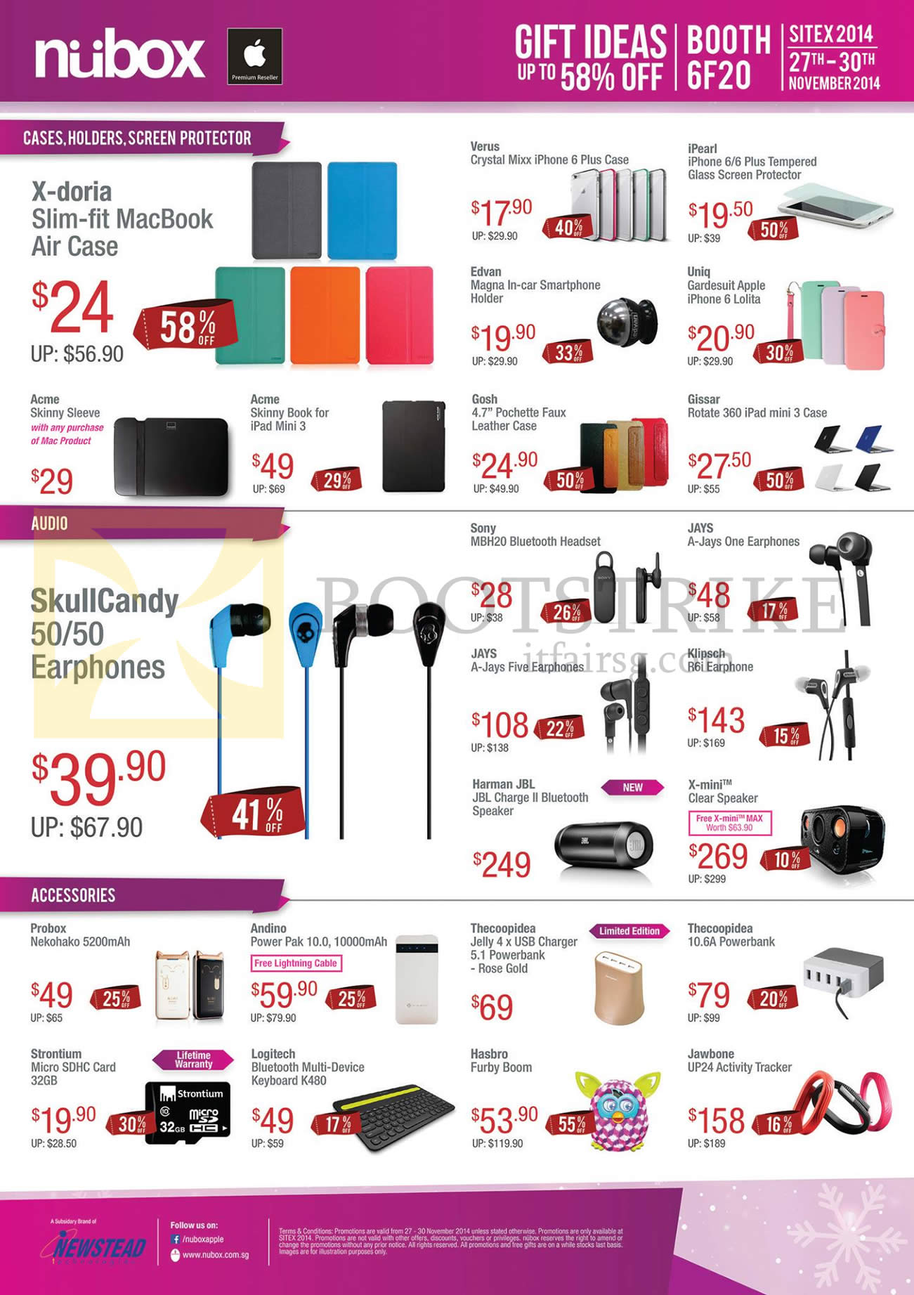 SITEX 2014 price list image brochure of Nubox Accessories Cases, Holders, Screen Protectors, Audio Earphones, Bluetooth Headsets, Keyboard, PowerBank, Jawbone Activity Tracker