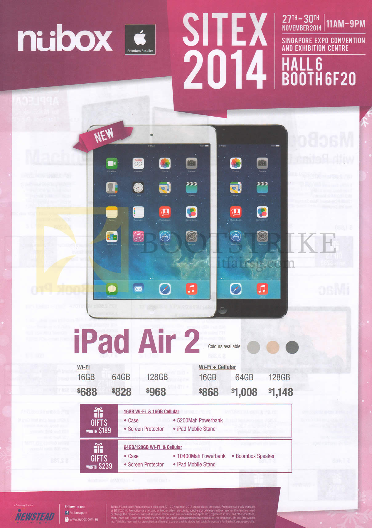 SITEX 2014 price list image brochure of Nubox Apple IPad Air Tablet Wi-Fi, Wi-Fi Plus Cellular 2 16GB, 64GB, 128GB