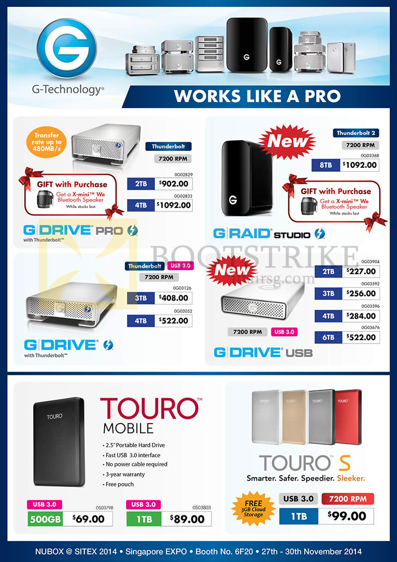 SITEX 2014 price list image brochure of Nubox HGST External Drives G Drive Pro, G Raid Studio, USB, Touro Mobile, Touro S