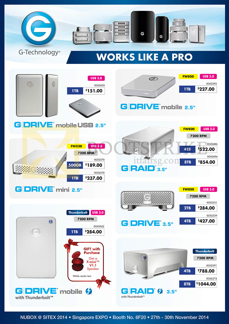 SITEX 2014 price list image brochure of Nubox HGST External Storage Drive G Drive, Mobile USB, Mini, Raid