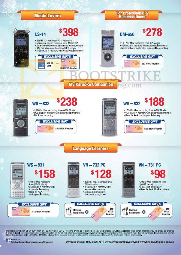 SITEX 2014 price list image brochure of Olympus Voice Recorders Digital LS-14, DM-650, WS-832, WS-833, WS-831, VN-732 PC, VN-731 PC