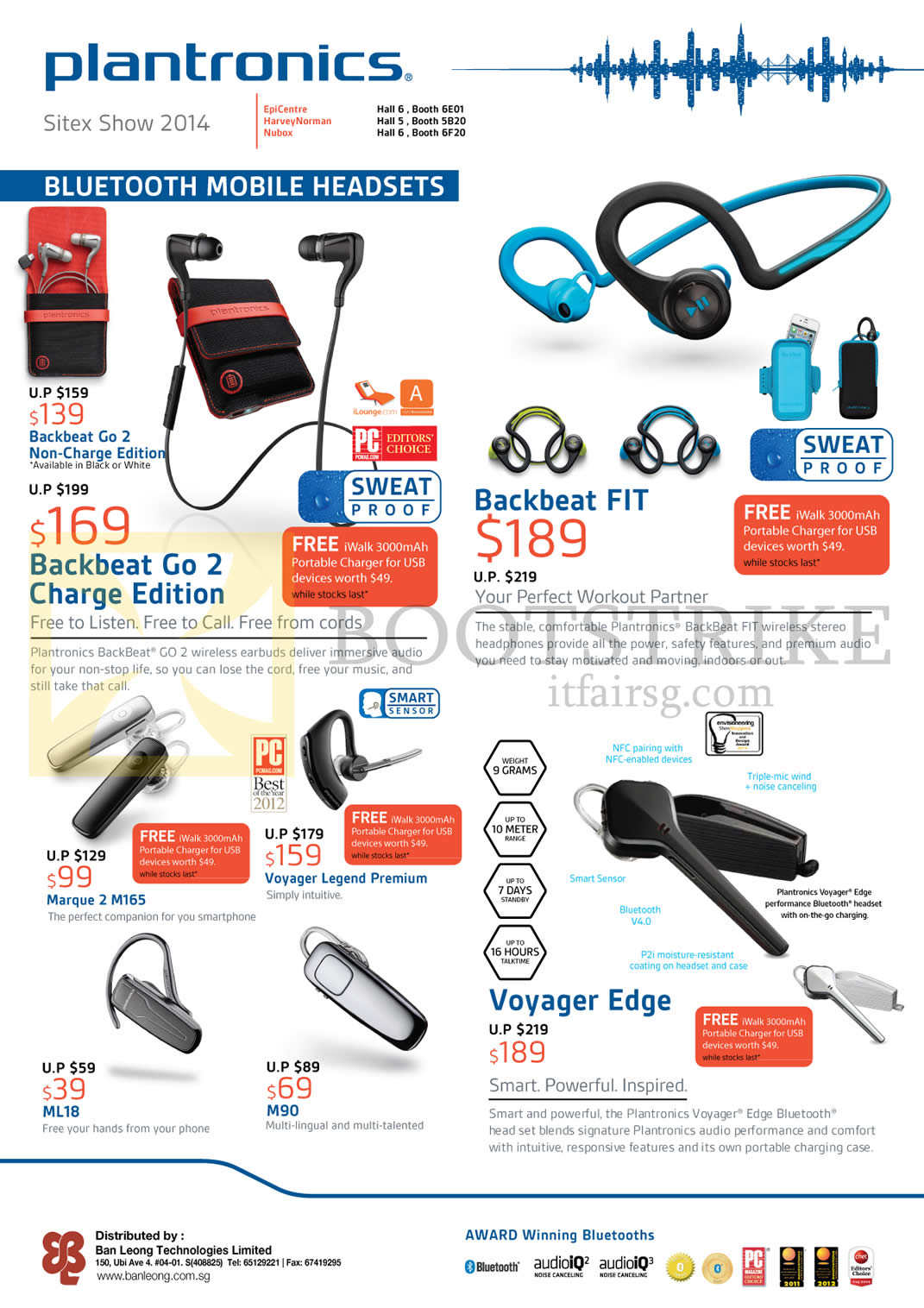 SITEX 2014 price list image brochure of Plantronics Bluetooth Mobile Headsets Backbeat Go 2 Charge, Backbeat Fit, Voyager Edge, Marque 2 M165, ML18, M90, Voyager Legend Premium