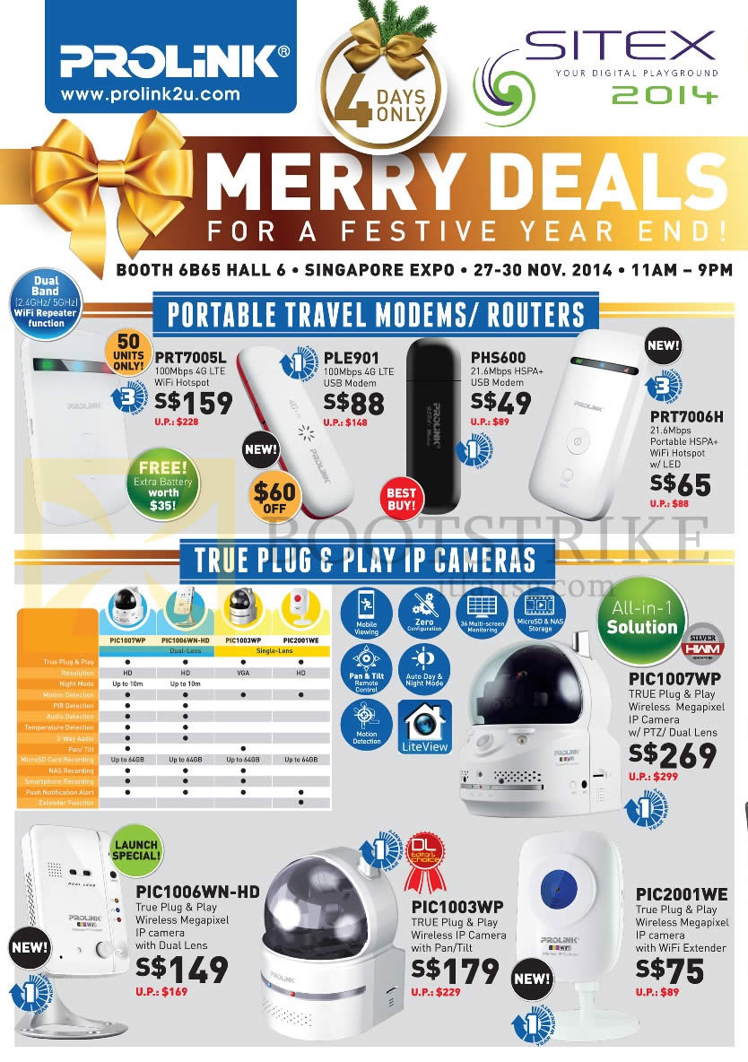 SITEX 2014 price list image brochure of Prolink Cybermind Portable Travel Modems, Routers, IP Cameras, PRT7005L, PLE901, PHS600, PIC1006WN-HD, PIC1003WP, PIC1007WP