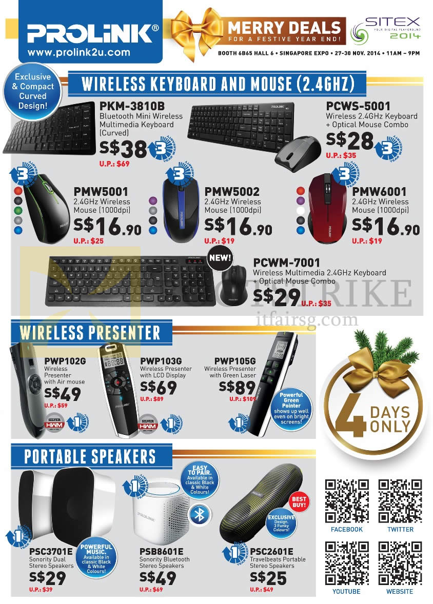 SITEX 2014 price list image brochure of Prolink Cybermind Wireless Keyboards, Mouse, Presenters, Portable Speakers, PKM-3810B, PCWS-5001, PCWM-7001, PWP102G, PWP103G, PWP105G, PSB8601E, PSC2601E