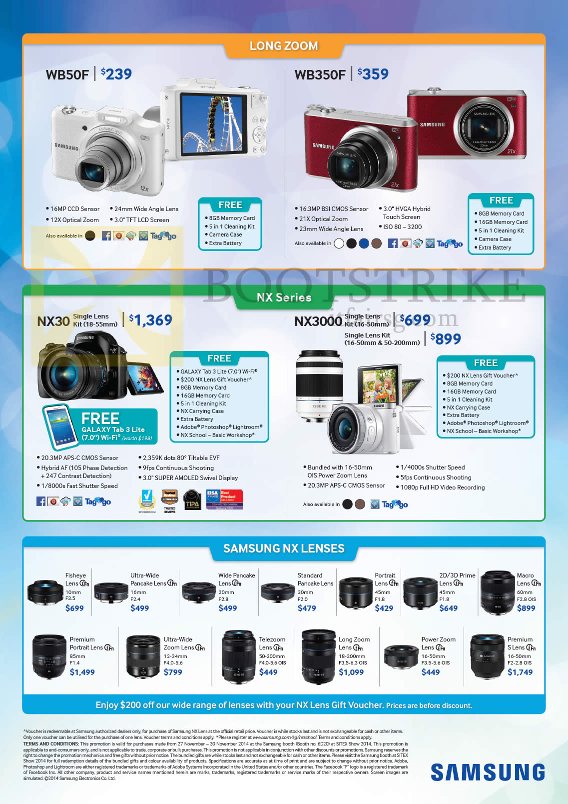 SITEX 2014 price list image brochure of Samsung Digital Cameras WB50F, WB350F, NX30, NX3000, NX Lenses