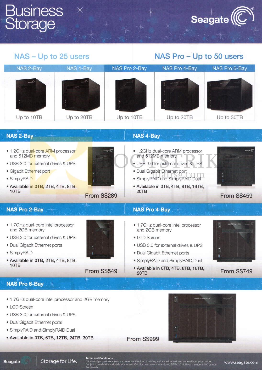 SITEX 2014 price list image brochure of Seagate Business Storage NAS 2-Bay, 4-Bay, Pro 2-Bay, Pro 4-Bay, Pro 6-Bay