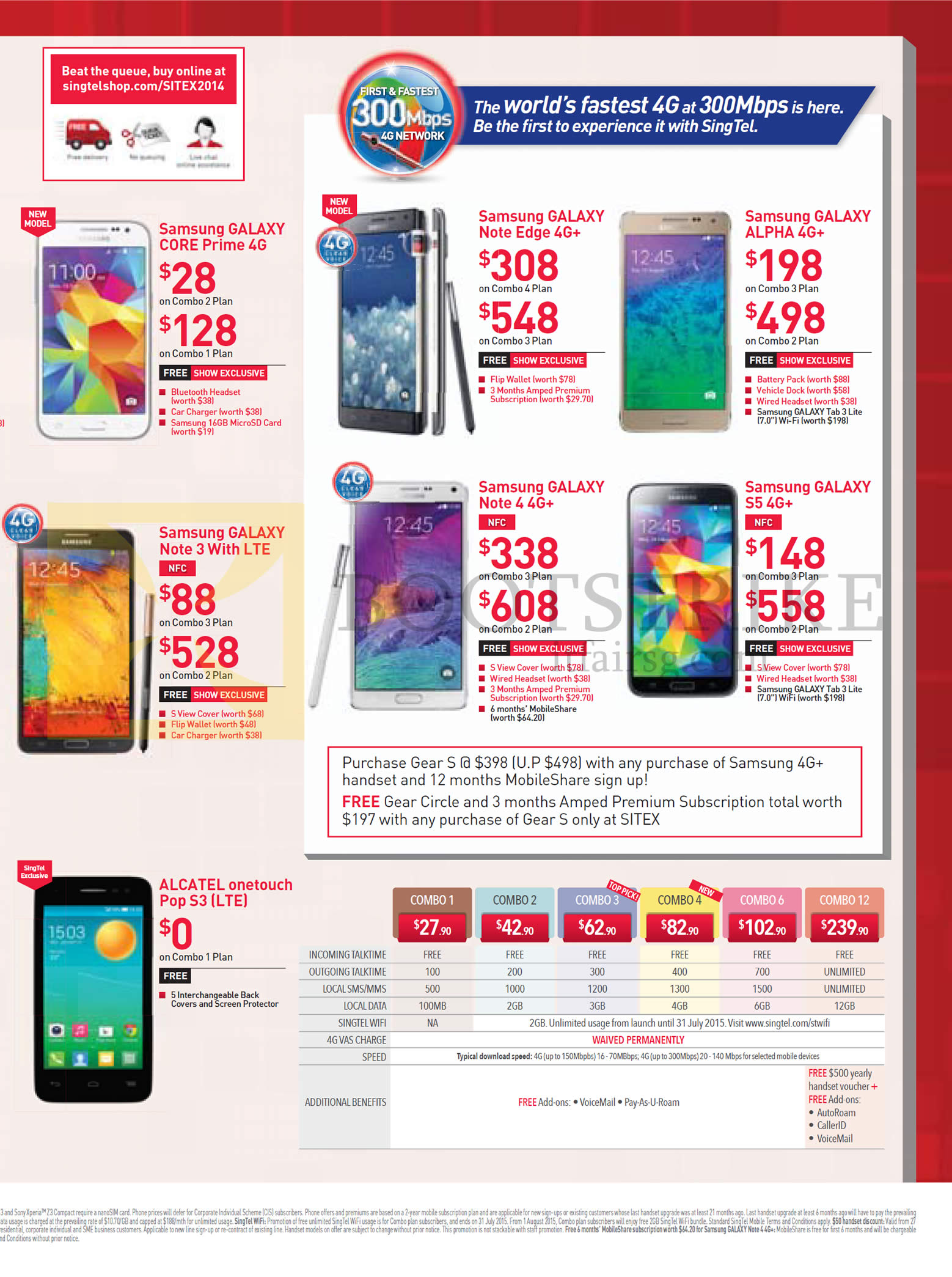 SITEX 2014 price list image brochure of Singtel Mobile Samsung Galaxy Core Prime, Note Edge, Alpha, Note 3, Note 4, S5, Alcatel Onetouch Pop S3