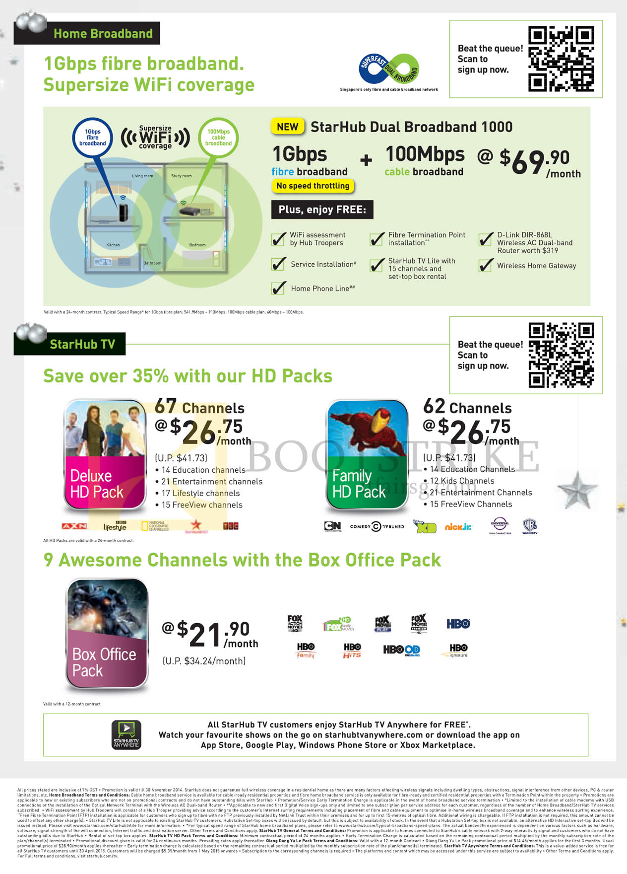 SITEX 2014 price list image brochure of Starhub Fibre Broadband 1Gbps, 100Mbps Cable, Cable TV Deluxe HD Pack, Family, Box Office