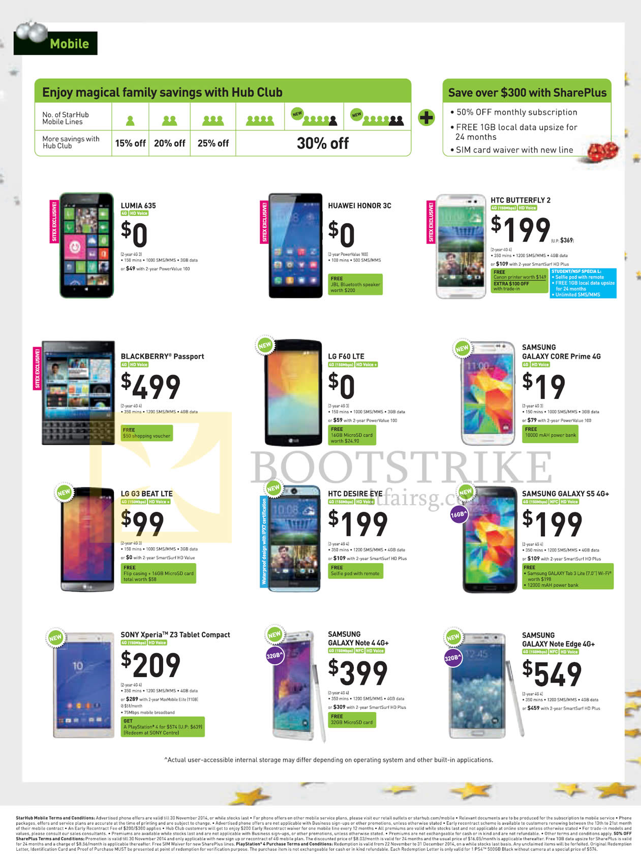 SITEX 2014 price list image brochure of Starhub Mobile Blackberry Passport, HTC Butterfly 2 Desire Eye, Huawei Honor 3C, LG F60 G3 Beat, Lumia 635, Samsung Galaxy S5 Core Prime Note 4 Note Edge, Sony Xperia Z3 Tablet