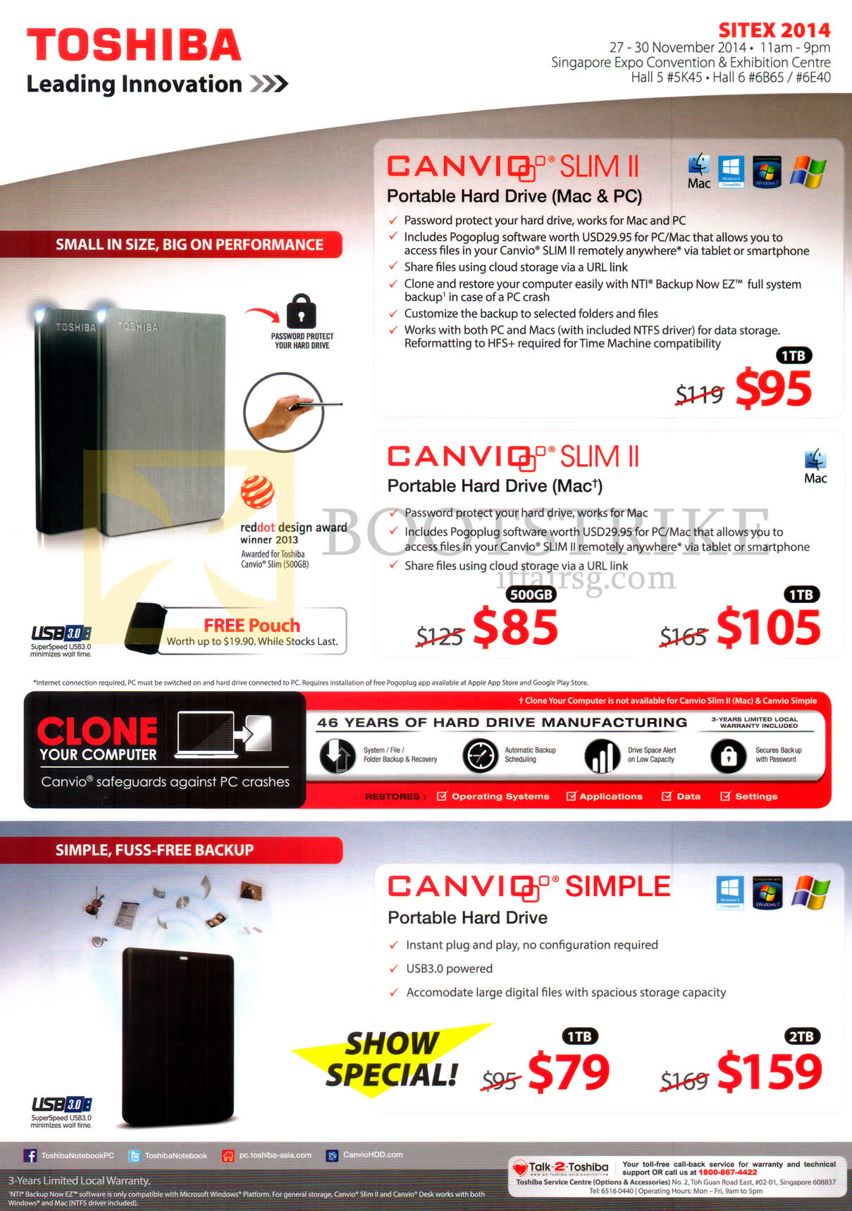 SITEX 2014 price list image brochure of Toshiba External Hard Disk Drives Canvio Slim II, Canvio Simple