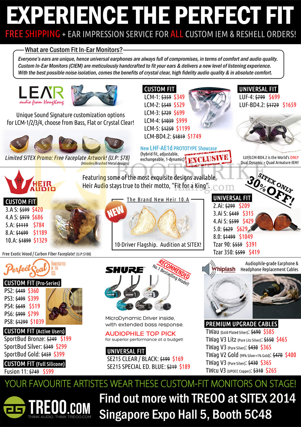 SITEX 2014 price list image brochure of Treoo Earphones, Cables, Lear, Heir Audio, Perfect Seal, Shure, Whiplash