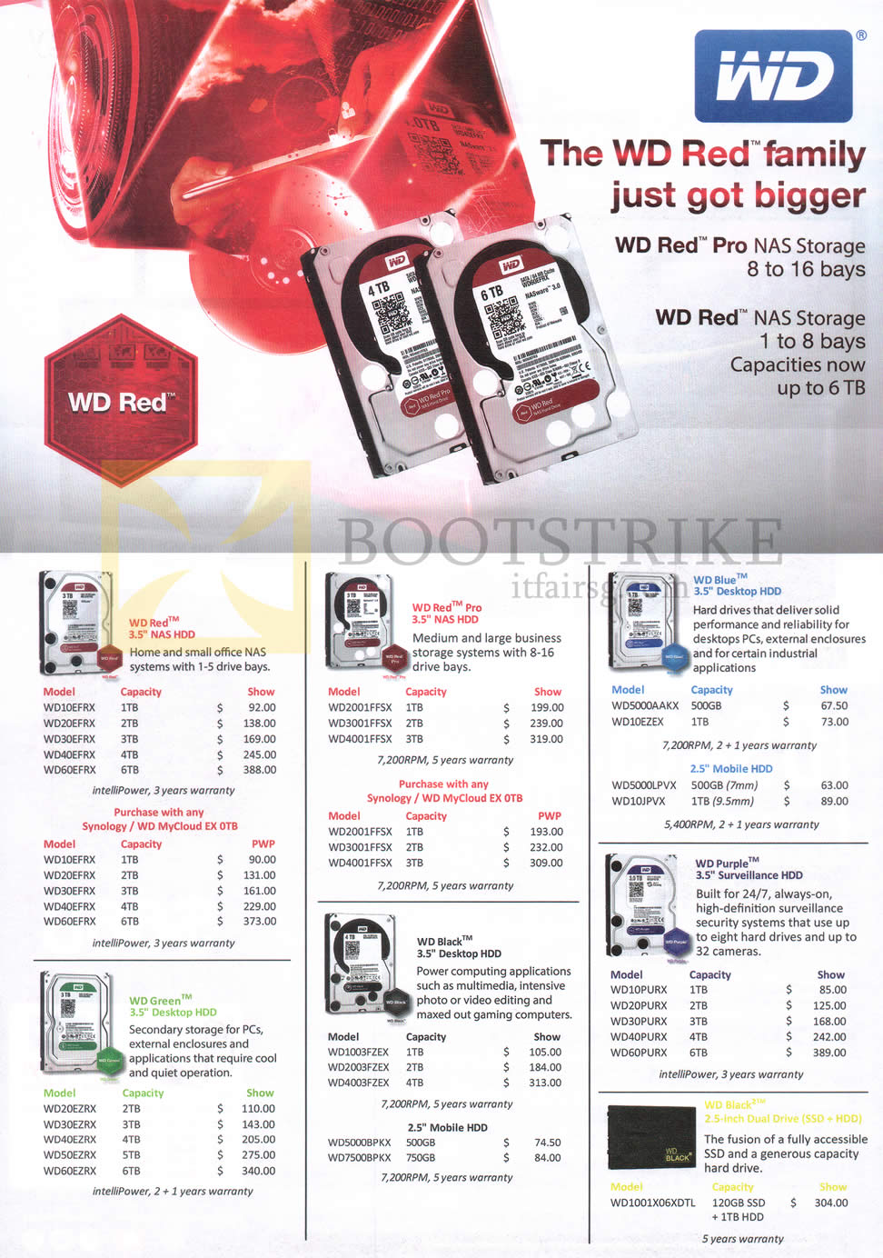 SITEX 2014 price list image brochure of Western Digital Hard Disk Drives WD Red NAS HDD, WD Red Pro NAS, WD Blue Desktop, WD Green Desktop, WD Black Desktop, WD Purple Surveillance