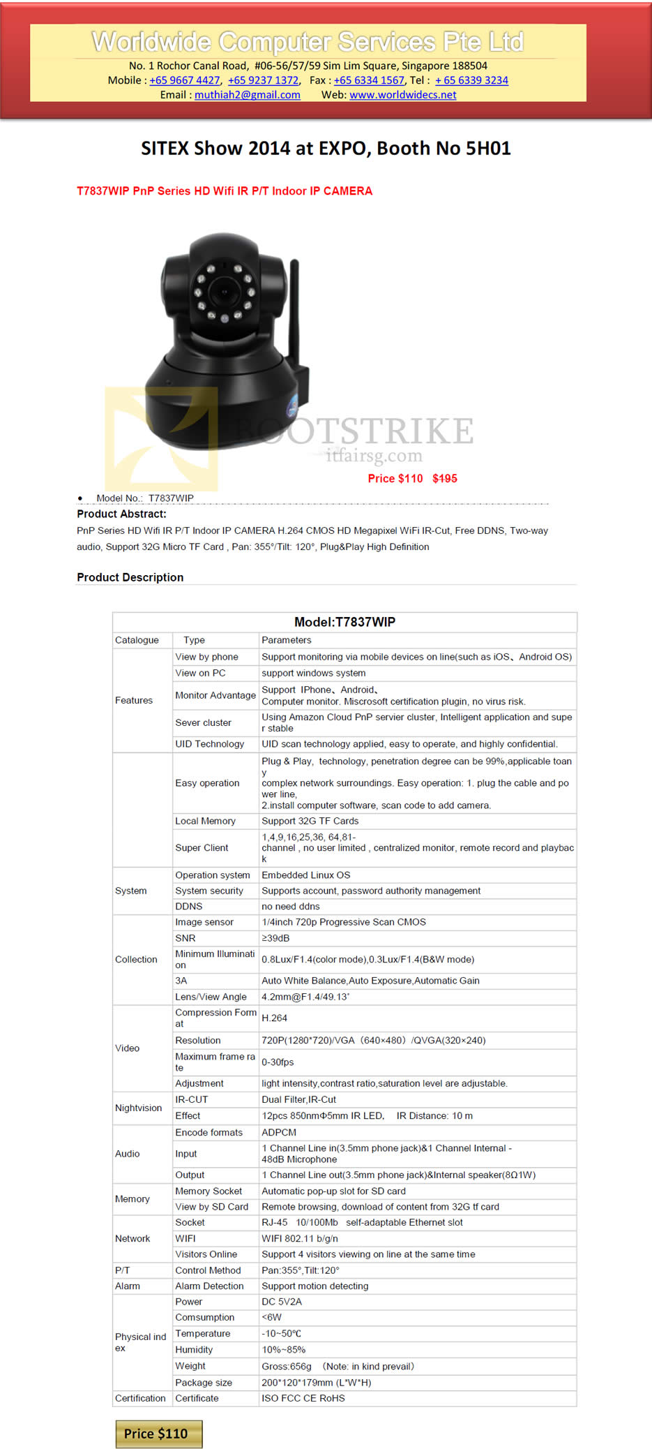 SITEX 2014 price list image brochure of Worldwide Computer Services IP Camera T7837WIP