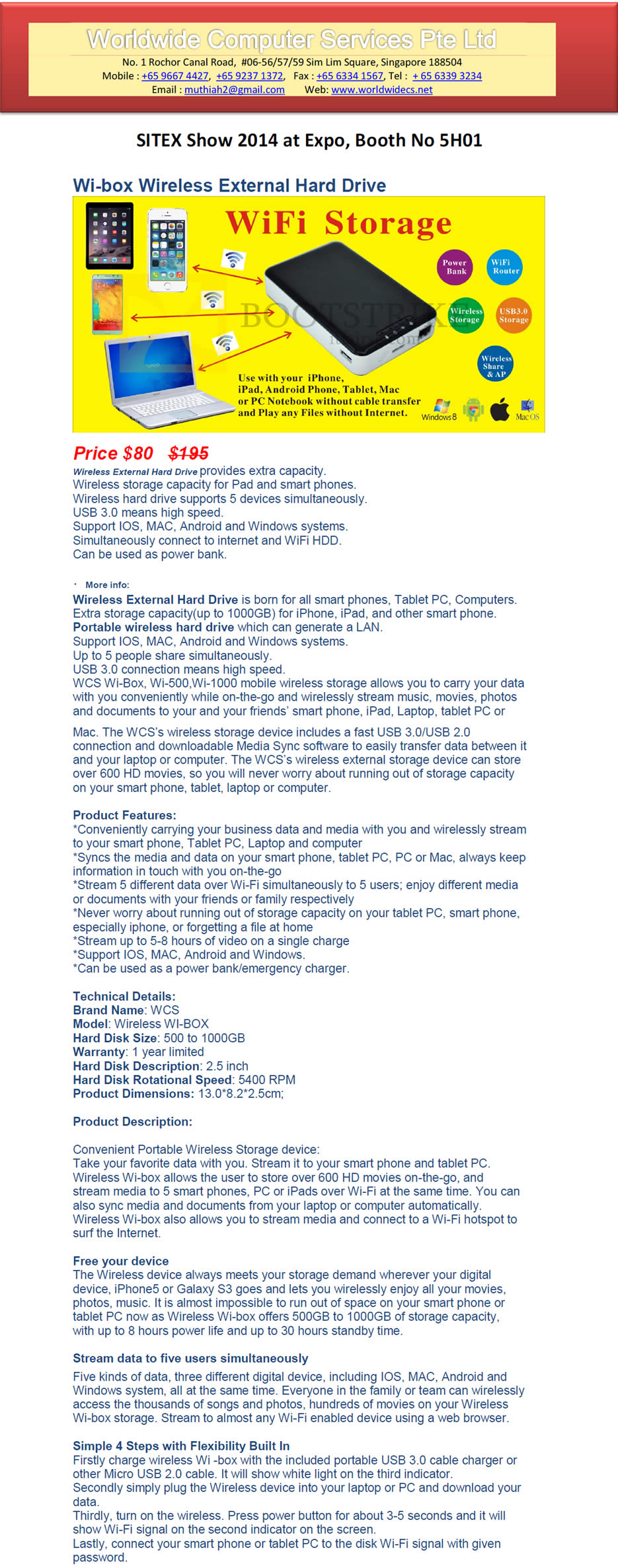 SITEX 2014 price list image brochure of Worldwide Computer Services Wibox Wireless External Storage Drive