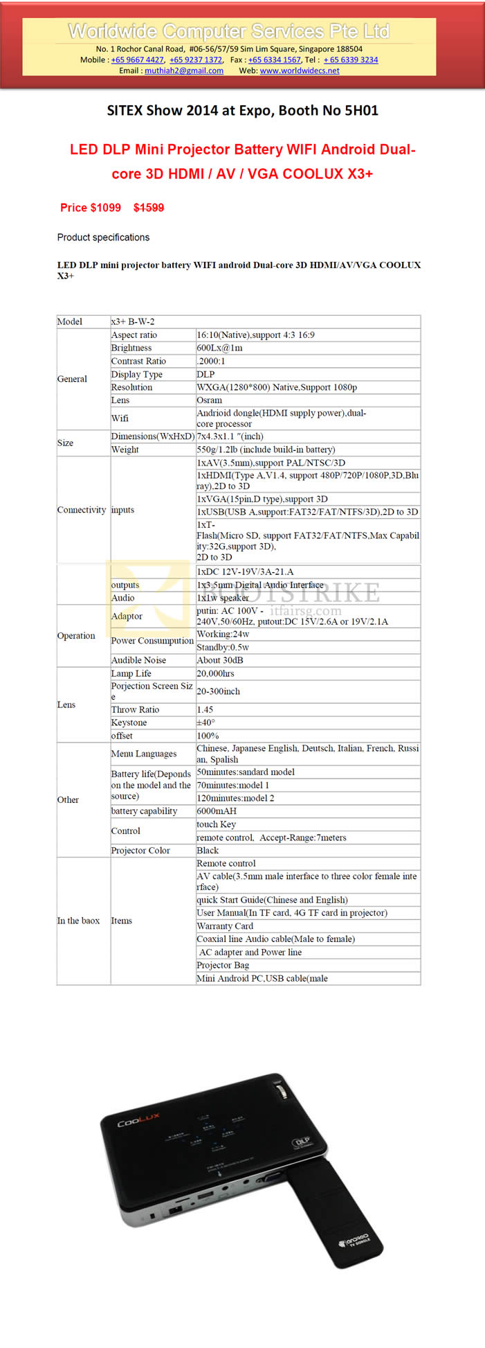 SITEX 2014 price list image brochure of Worldwide Computer Services X3 Plus Mini Projector