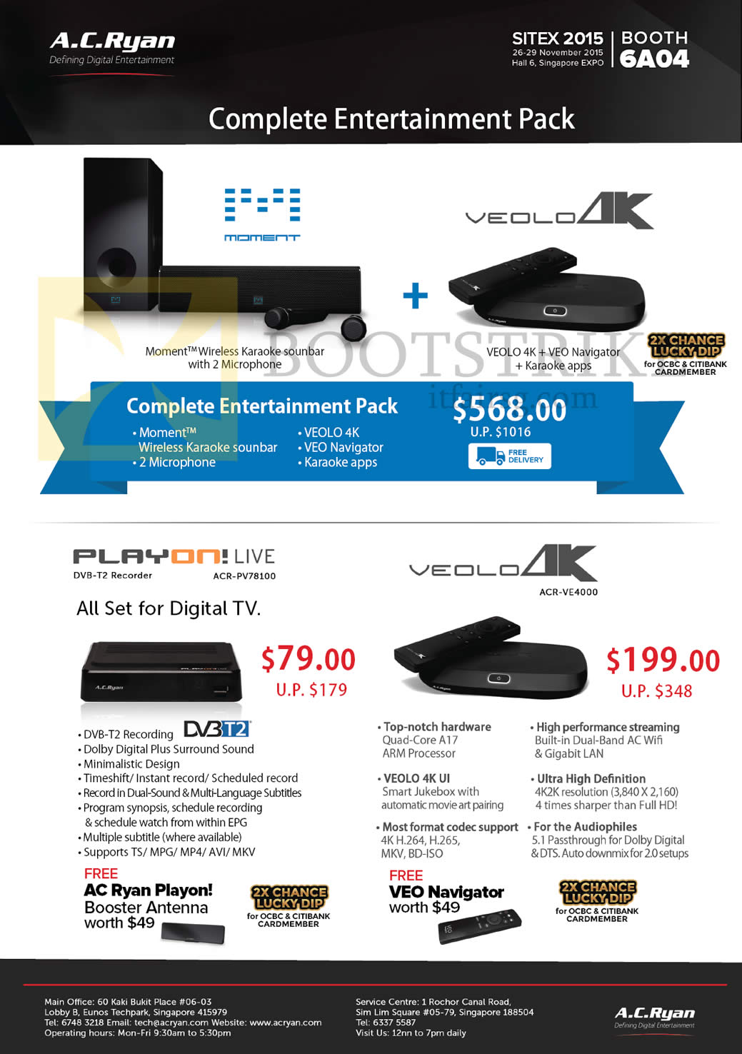 SITEX 2015 price list image brochure of AC Ryan Moment Wireless Karaoke Soundbar, Veolo Navigator, Playon Live DVB-T2 Recorder ACR-PV78100, Veolo 4K ACR-VE4000