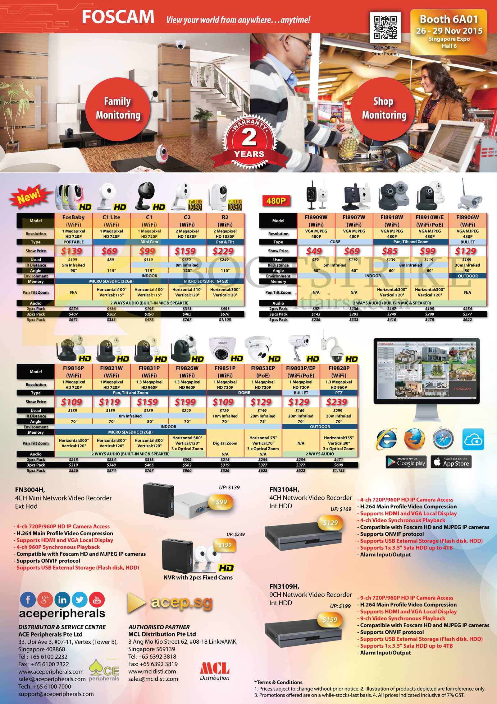 SITEX 2015 price list image brochure of Ace Peripherals Cameras Family Monitoring, Shop Monitoring Foscam Stand Alone Network IP POE WiFi Camera Home SME Corp Large Enterprise