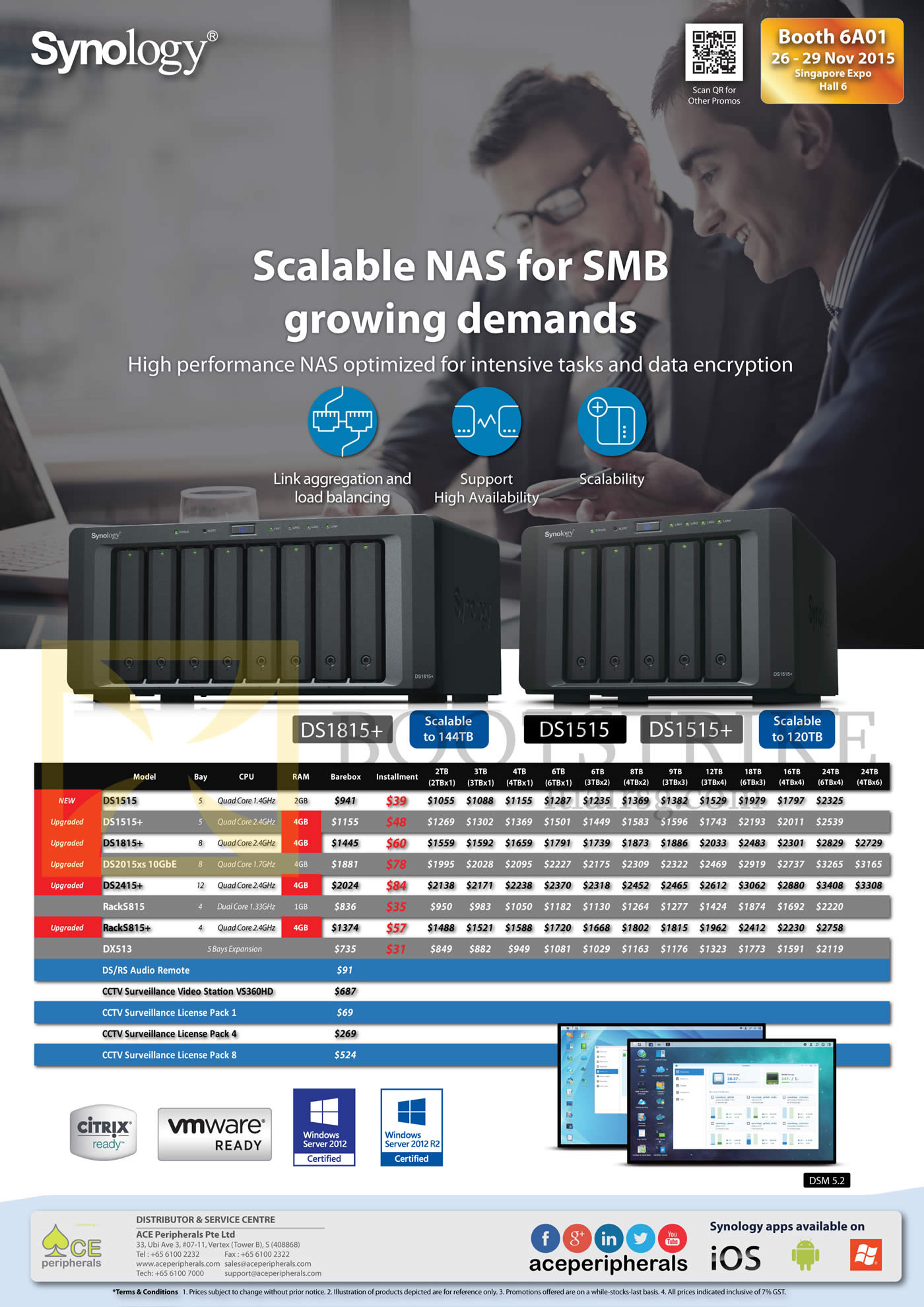 SITEX 2015 price list image brochure of Ace Peripherals Synology NAS DS1515 DS1515Plus DS1815Plus DS2015xs DS2415PPlus RS214 RS815 DX213 DX513