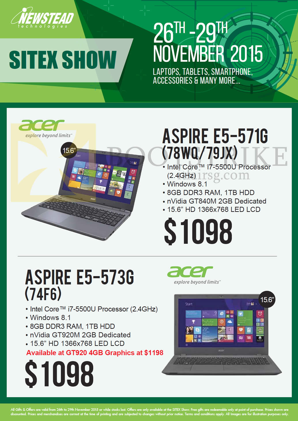 SITEX 2015 price list image brochure of Acer Newstead Notebooks, Aspire E5-571G (78WQ79JX), E5-573G (74F6)