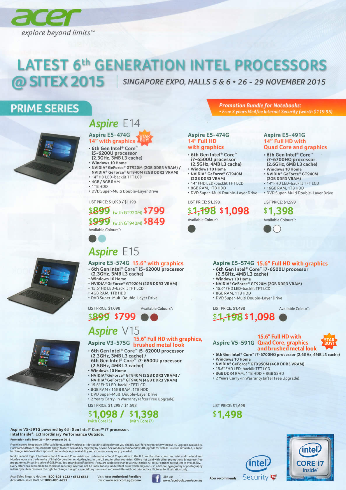 SITEX 2015 price list image brochure of Acer Notebooks Aspire E14, E5-474G, E5-474G, E5-491G, Aspire E15, E5-574G, E5-574G, Aspire V15, V3-575G, V5-591G