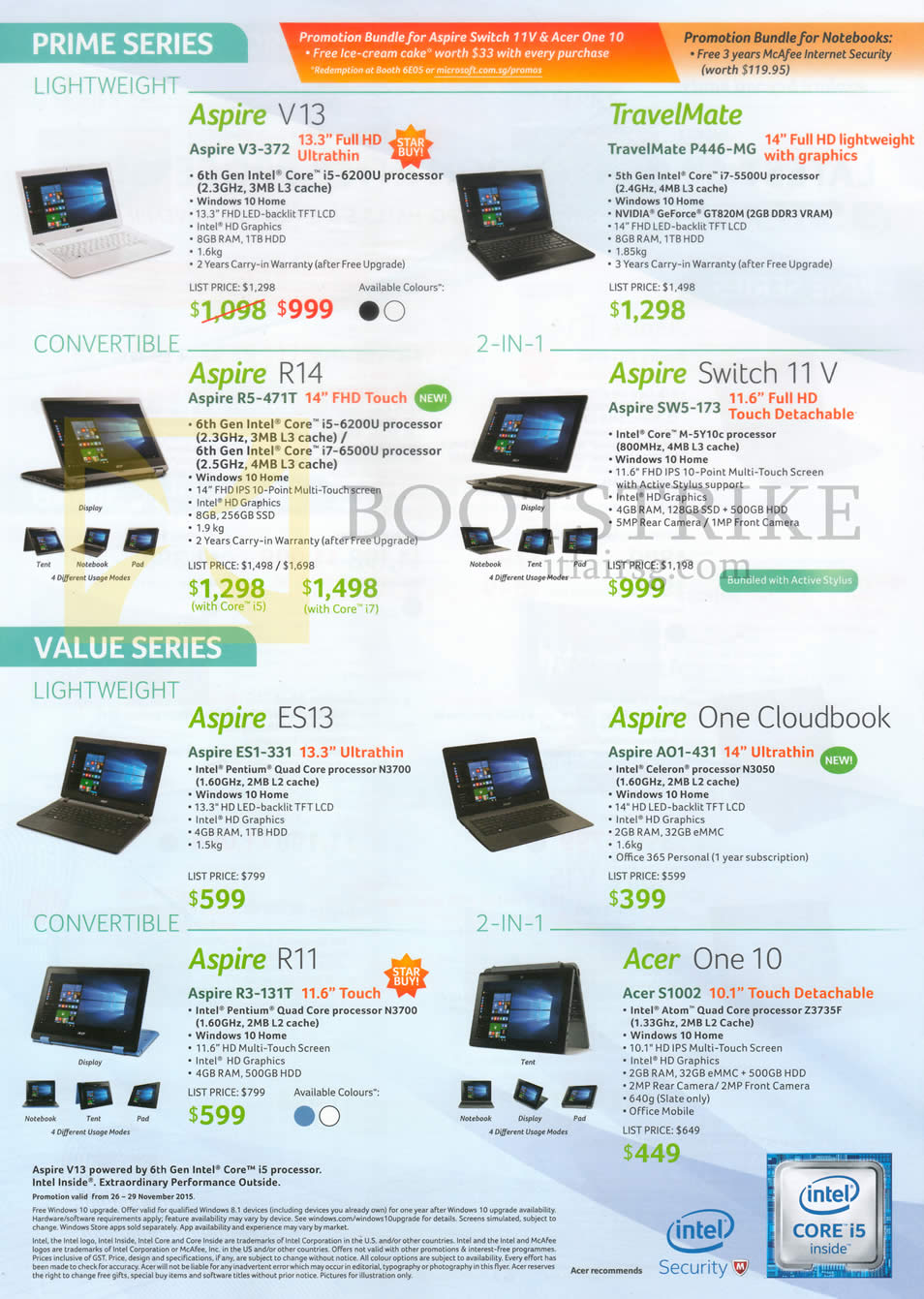 SITEX 2015 price list image brochure of Acer Notebooks Prime Series, Aspire V3-372, TravelMate P446-MG, R5-471T, Switch 11 V, SW5-173, Aspire ES1-331, One Cloudbook, A01-431, R11, R3-131T, One 10, S1002