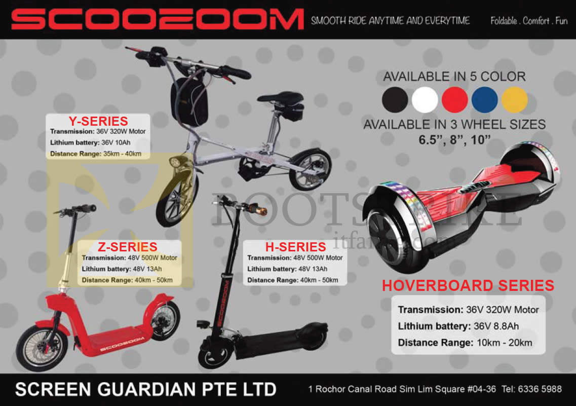 SITEX 2015 price list image brochure of Amconics Scooeoom H Series, Y, Z, Hoverboard Series