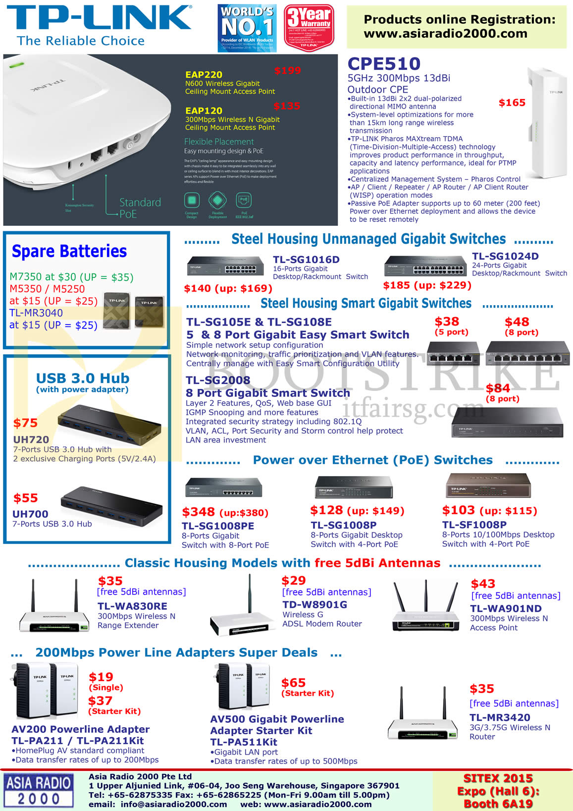 SITEX 2015 price list image brochure of Asia Radio TP-Link Networking Gigabit Switches, CPE510, TL-SG1016D, SG1024D, SG105E, 108E, 2008, 1008PE, 1008P, SF1008P, WA830RE, W8901G, AV200, AV500, TL-MR3420