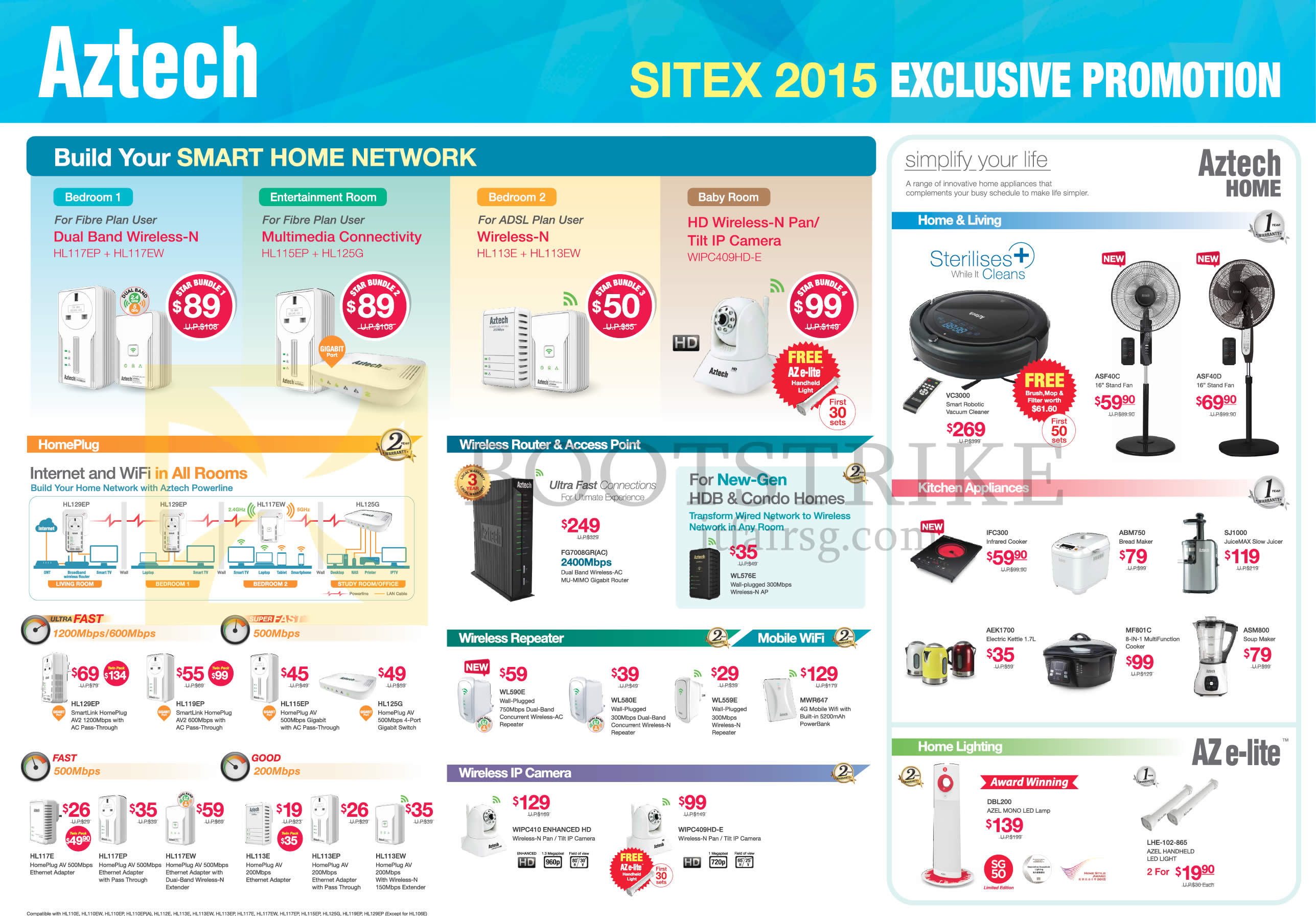 SITEX 2015 price list image brochure of Aztech HomePlug, Wireless Router N Access Point, Wireless Repeater, Mobile Wifi, Wireless IP Camera, Kitchen Appliances, Home Lighting