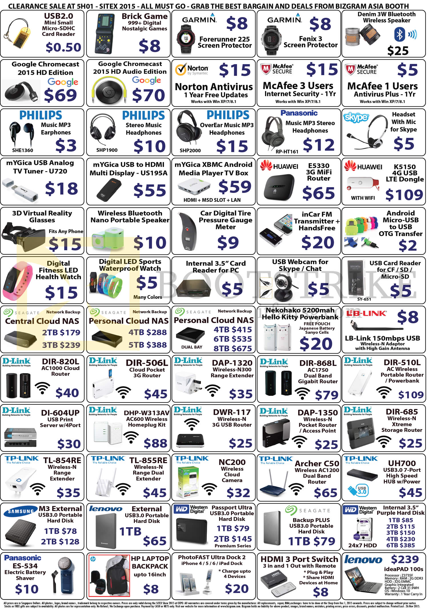 SITEX 2015 price list image brochure of Bizgram Accessories Card Reader, Brick Game, Wireless Speaker, Antivirus, Earphones, Headphones, Router, Dongle, Webcam, Fitness Health Watch, Router, Personal Cloud NAS, Powerbank