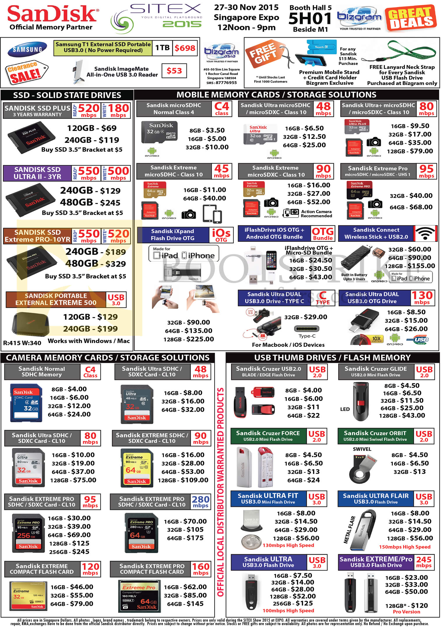 SITEX 2015 price list image brochure of Bizgram SSD, Memory Cards, Storage, USB Thumb Drives, Sandisk Plus, Ultra II, Extreme Pro, SDHC Memory, SDXC Card, Cruzer, Cruzer Force, Cruzer Glide, Ultra Fit, Ultra Flair